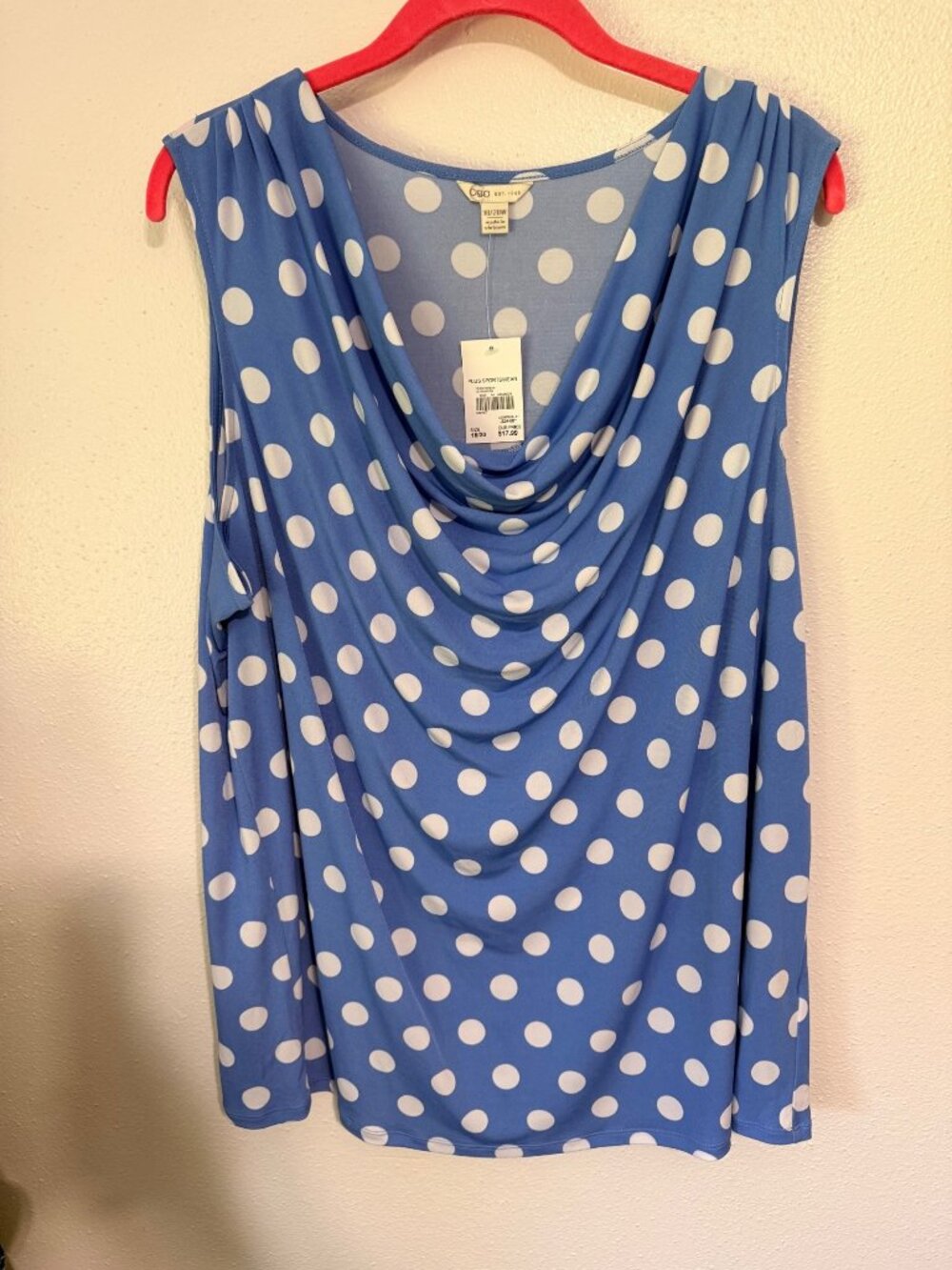 NWT Cato Tank Top Blue White Polka Dot Drape Neck Womans 18/20W